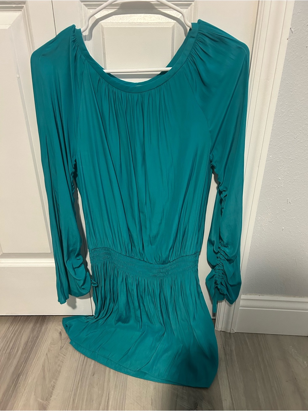 Ramy Brook Teal Long-Sleeve Gathered-Waist Dress